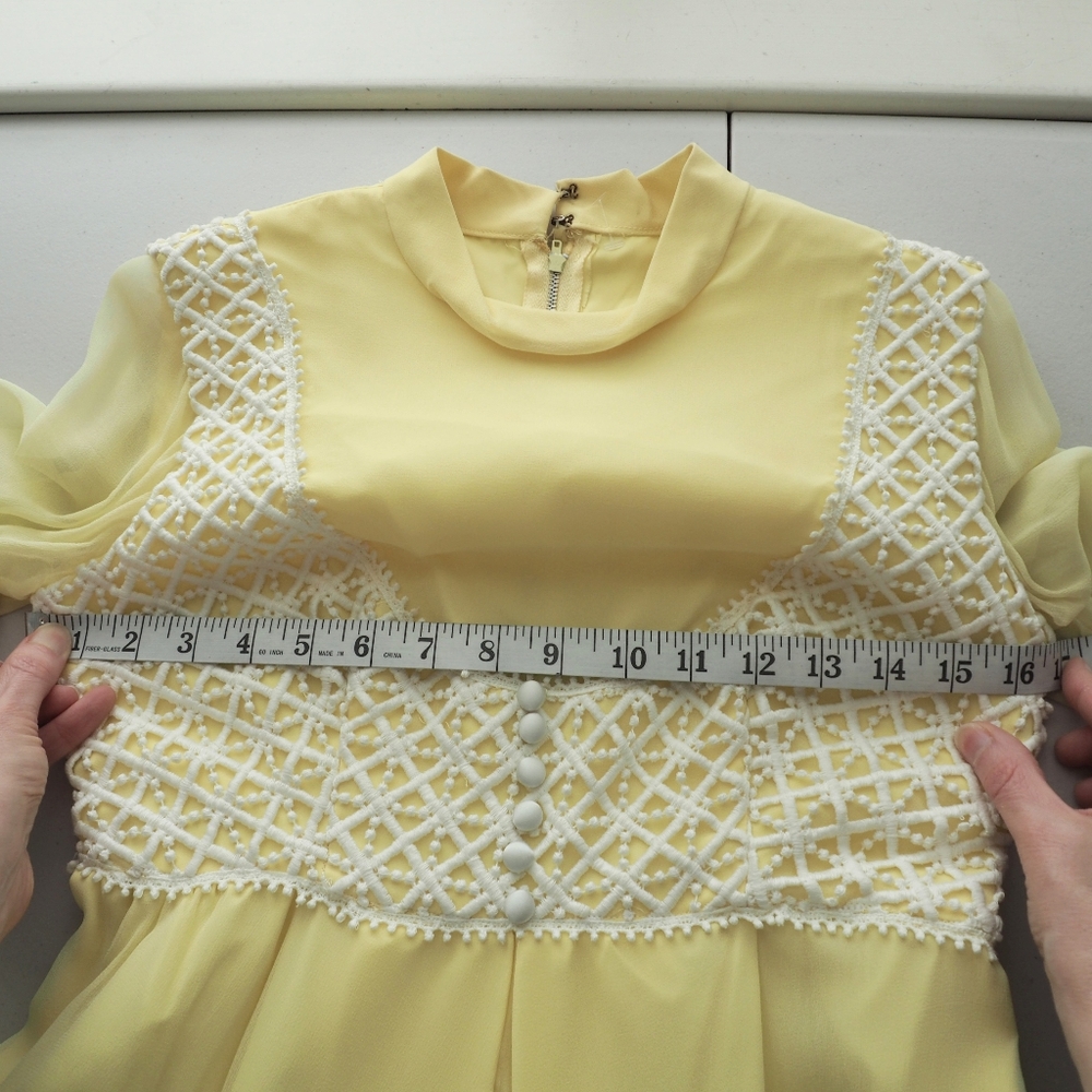 60s Vintage ILGWU Chiffon Jumpsuit Ultra Wide Leg Yellow Empire Corset Bodice - Picture 6 of 17